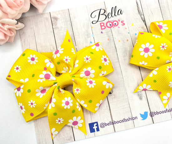 Load image into Gallery viewer, Yellow Floral Ribbon Hair Bow Set
