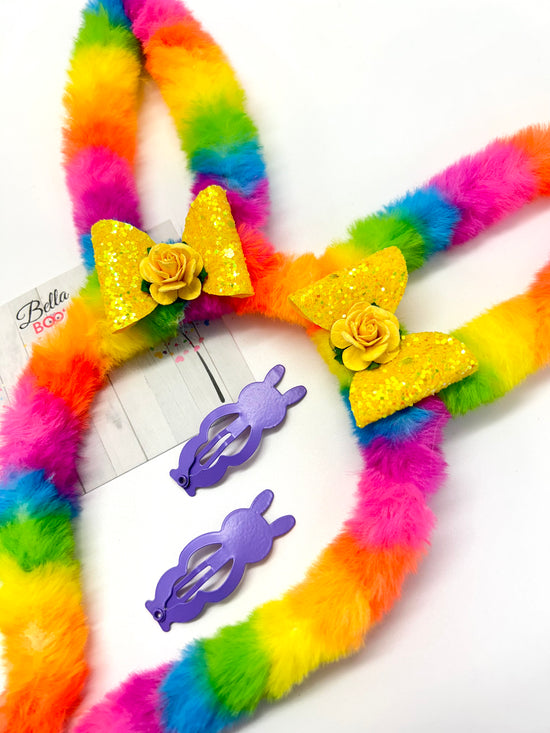 Rainbow Fluffy Bunny Ears & Clip Set