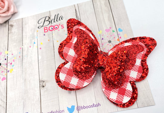 Glitter Gingham Butterfly bow clips - Choose Your Colour