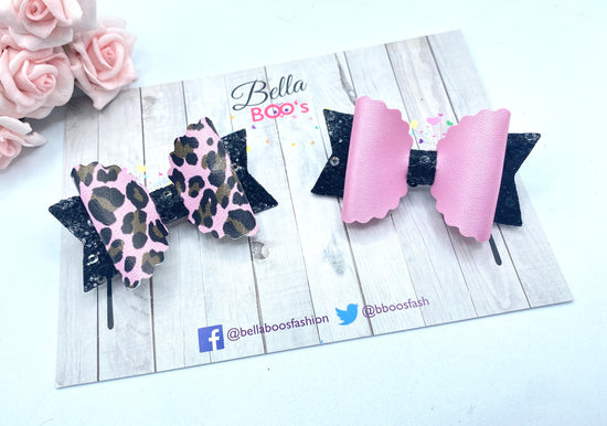 Load image into Gallery viewer, Bella Hair Bow Set - Baby Pink Animal Print
