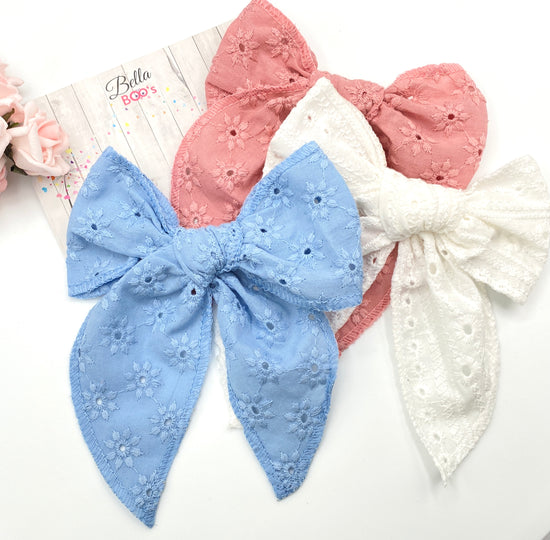 Load image into Gallery viewer, Large Broderie Anglaise Hair Bow - Select Your Colour
