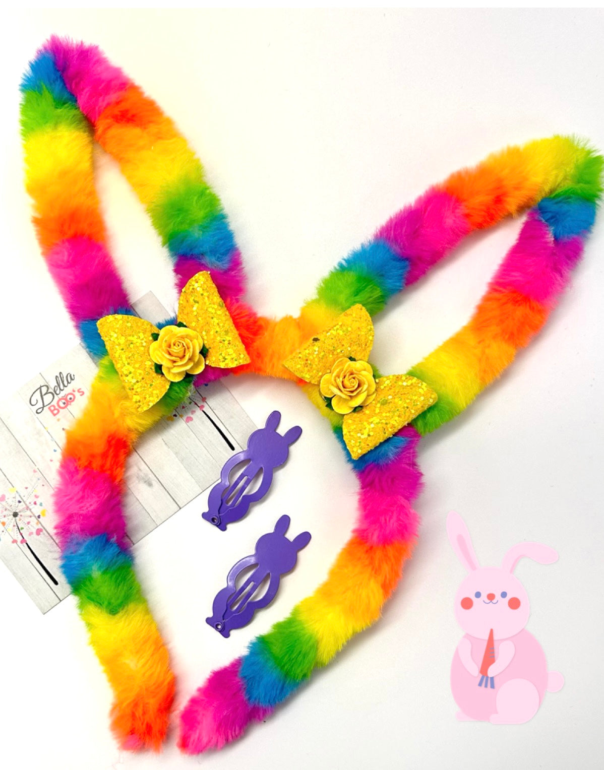 Rainbow Fluffy Bunny Ears & Clip Set