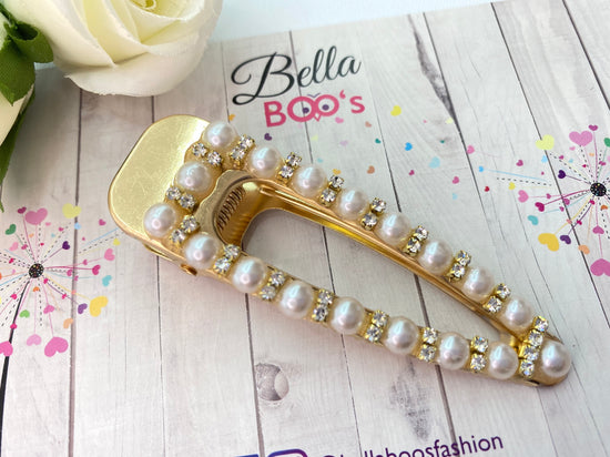 Jumbo Hair Clip-Gold Pearl & Diamante