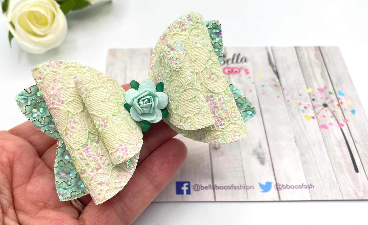 Pastel Mint Glitter Lace Hair Bow