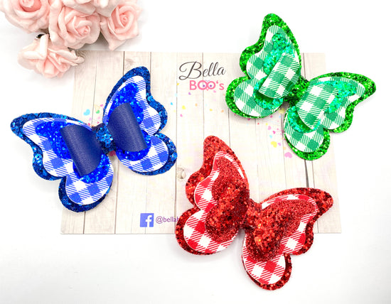 Glitter Gingham Butterfly bow clips - Choose Your Colour